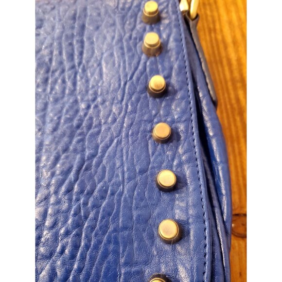 Blue Faux Leather Crossbody Bag Studded Flap Adjustable Strap Steam Punk - Picture 4 of 10
